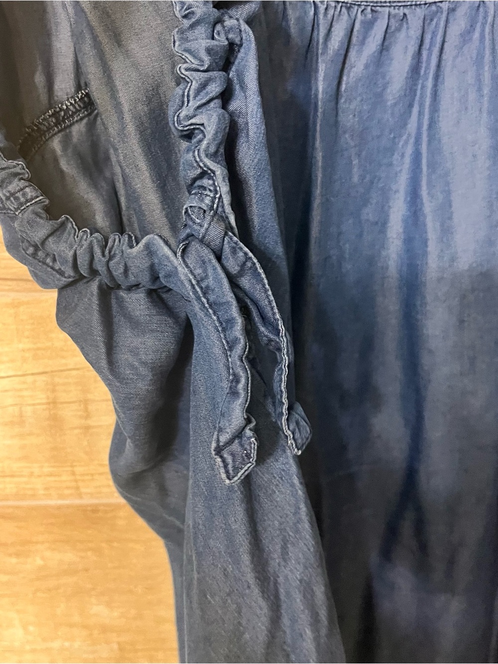 Free People Oversized Indigo Blue Chambray Denim Ruffle Bow Side Ties Blouse